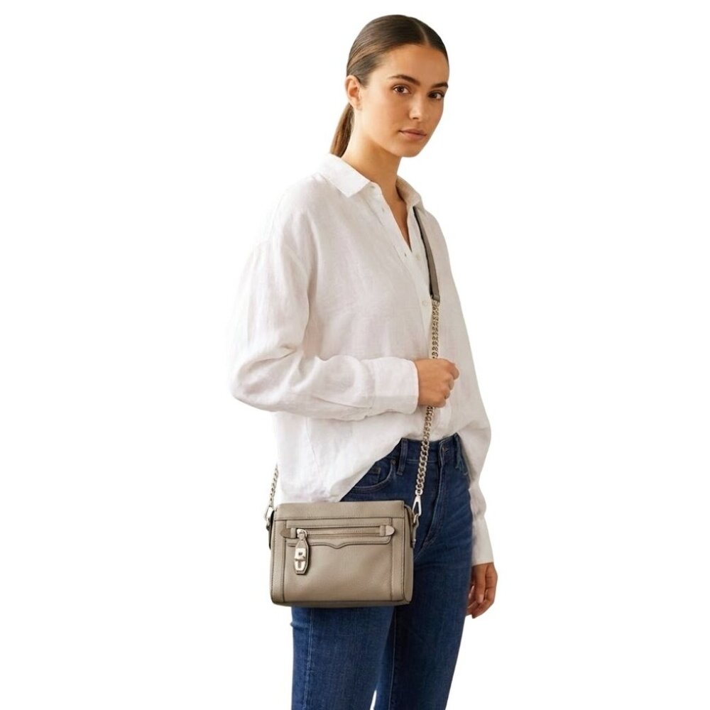 Rebecca Minkoff Leather Mini Crosby Crossbody Bag Taupe Gold Chain Strap Neutral